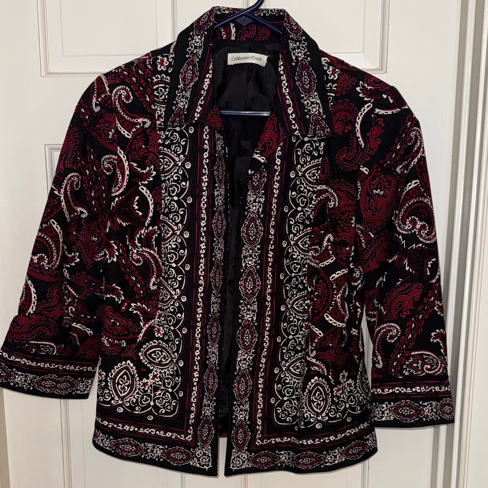 Coldwater Creek Black Pink Red & White Paisley Bracelet Sleeve Cropped Blazer